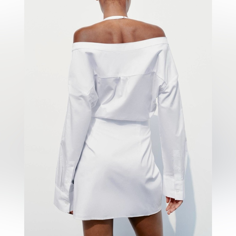 Zara NWT gabardine white off the shoulder button front trench coat shirt dress - Picture 7 of 15